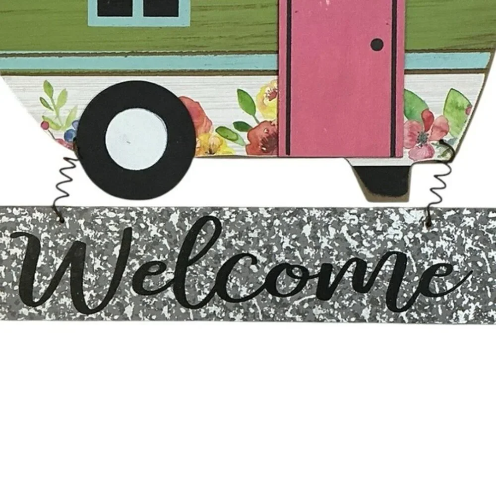 Camper Welcome Sign Colorful Wall Decor Retro Green Pink